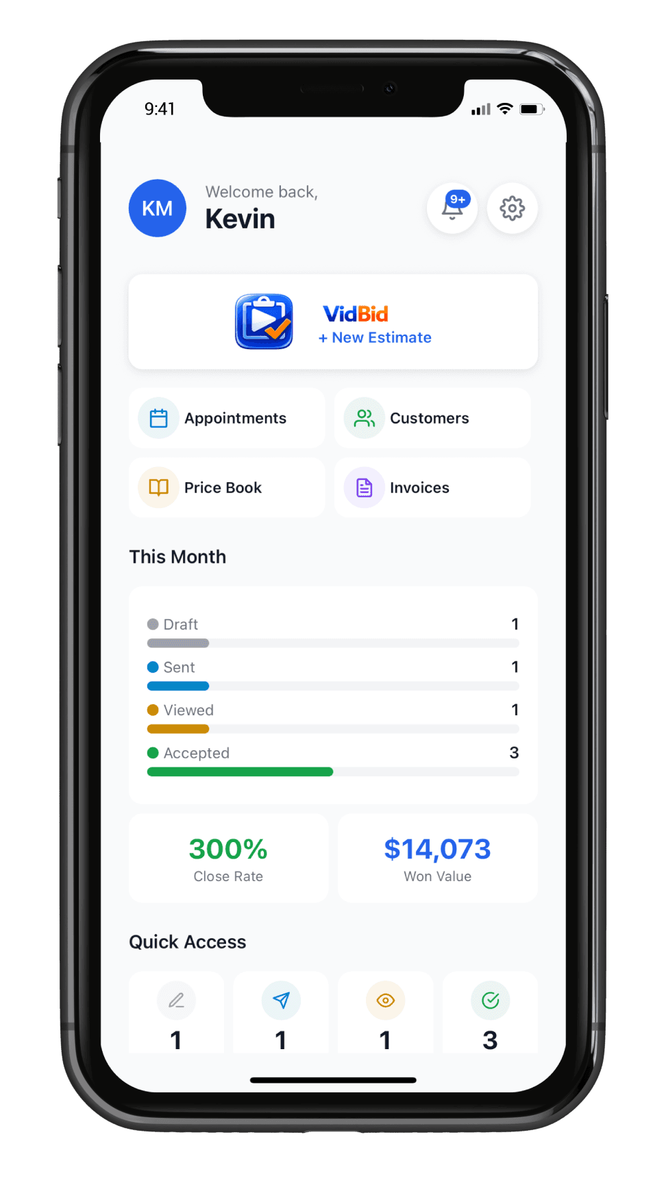 VidBid app dashboard showing estimates and metrics
